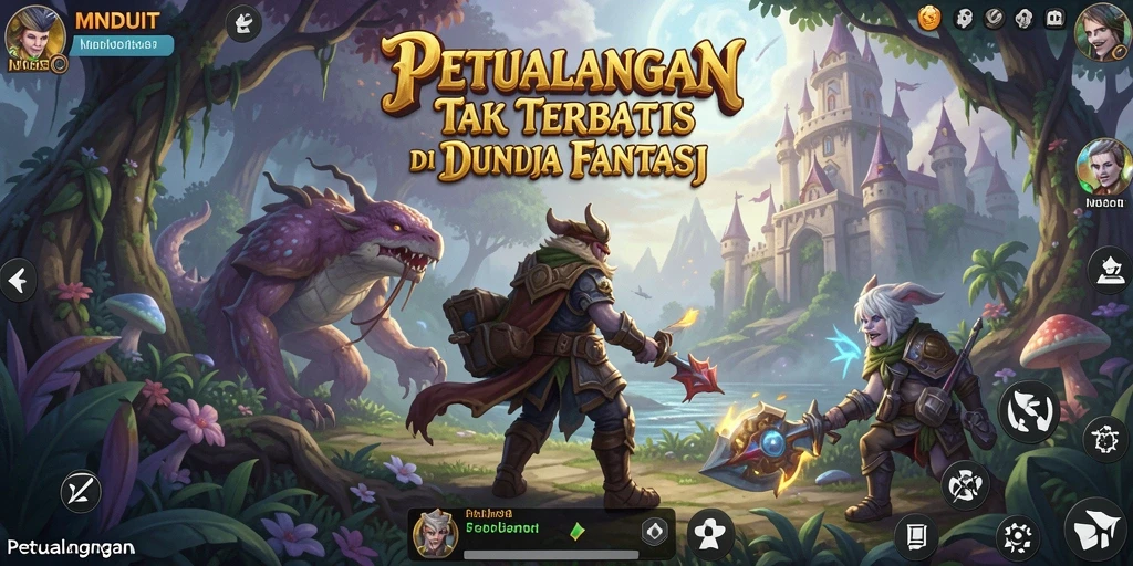Tampilan antarmuka MNDUIT menampilkan dunia petualangan yang kaya dan berwarna.